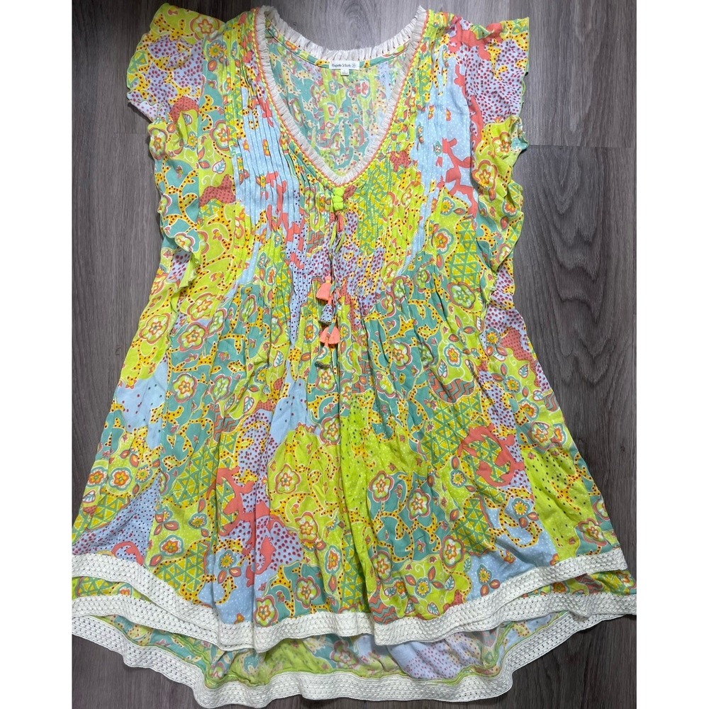 Poupette St Barth Sasha V Neck Pullover Mini Ruffle Tassel Dress Colorful Size L